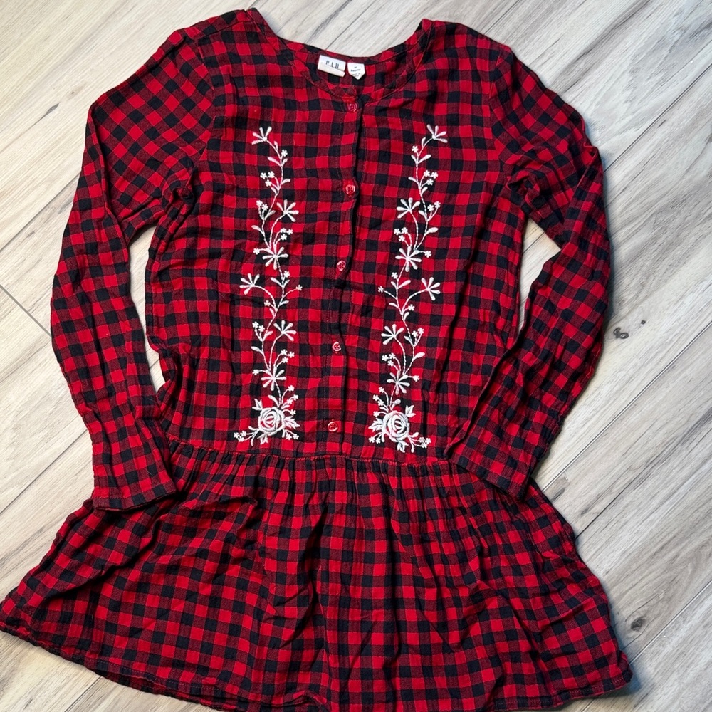 Red and Black Plaid Dress with Floral Detail